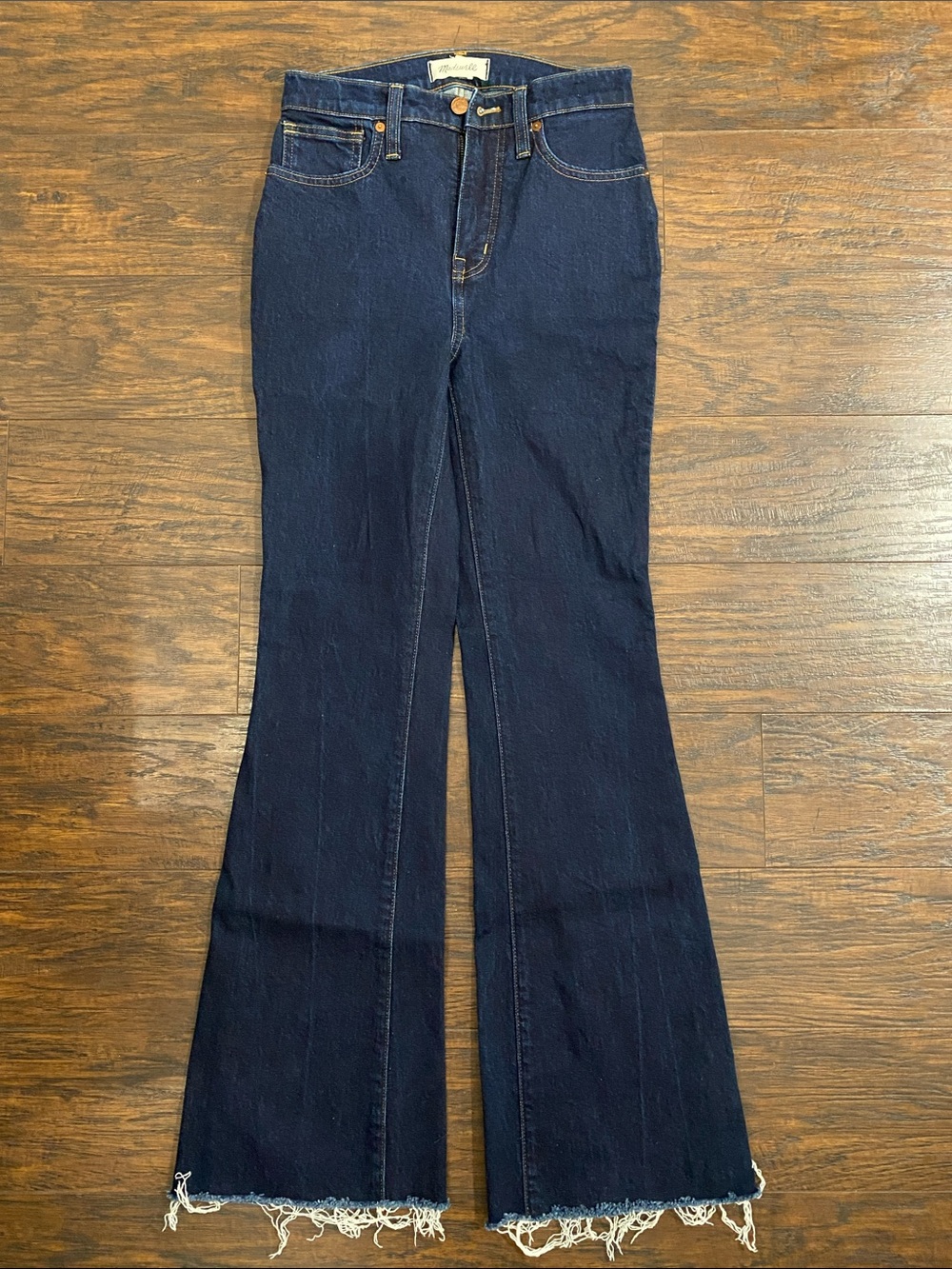 Madewell Dark Indigo High-Rise Flare Jeans with Frayed Hem